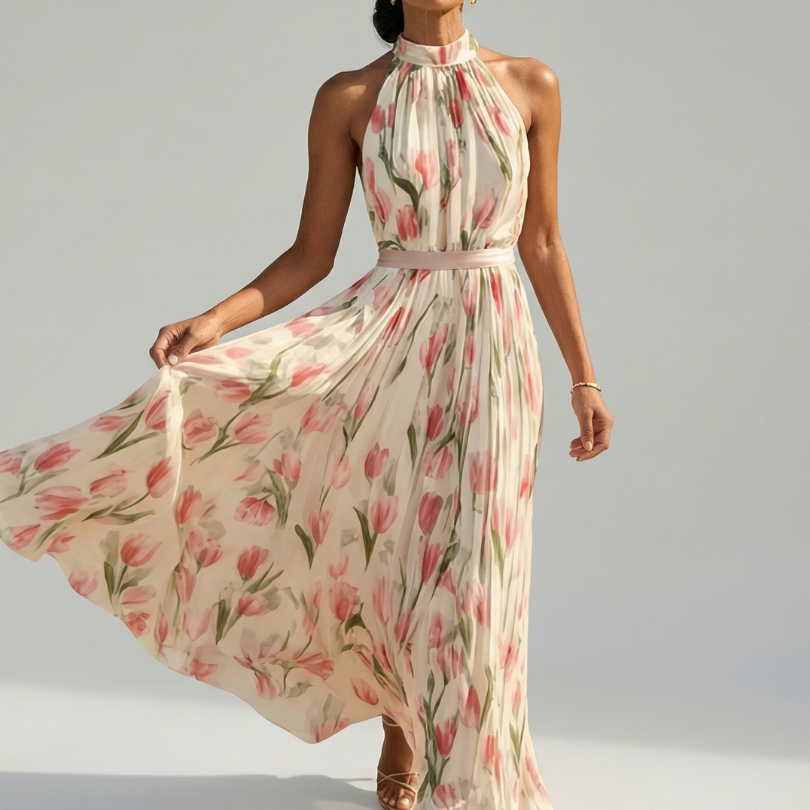 Aurelle | Halter Neck Floral Midi Dress