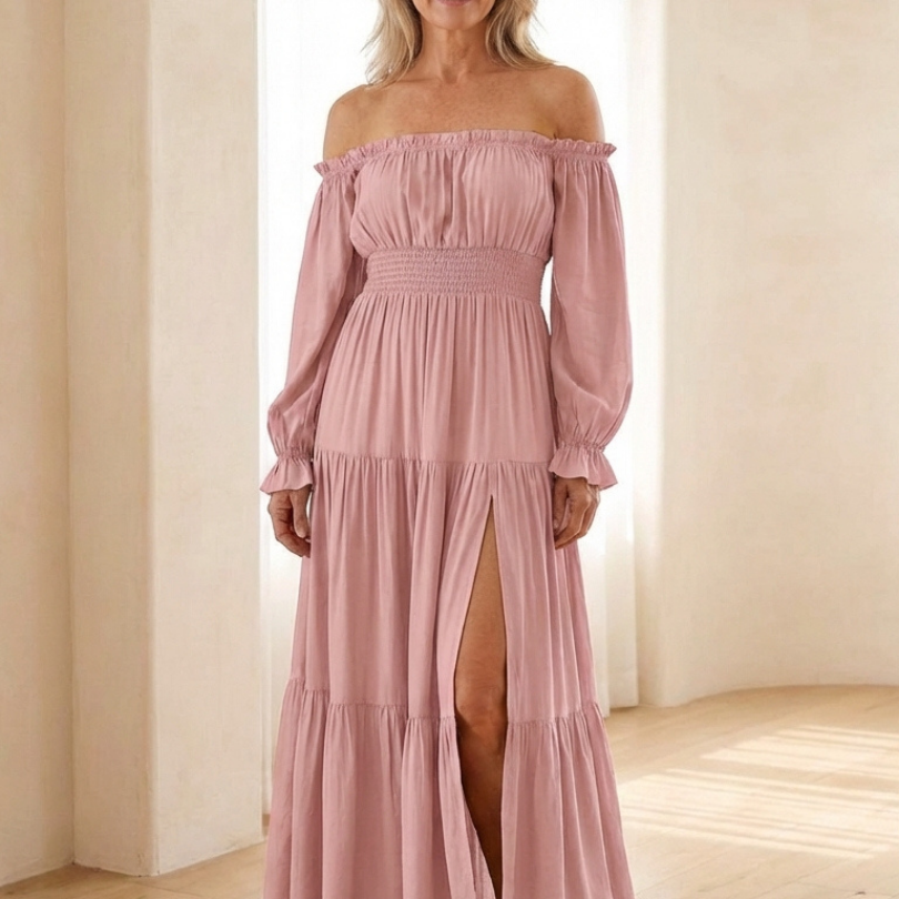 Aveline | Off Shoulder Long Sleeve Smocked Maxi Dress