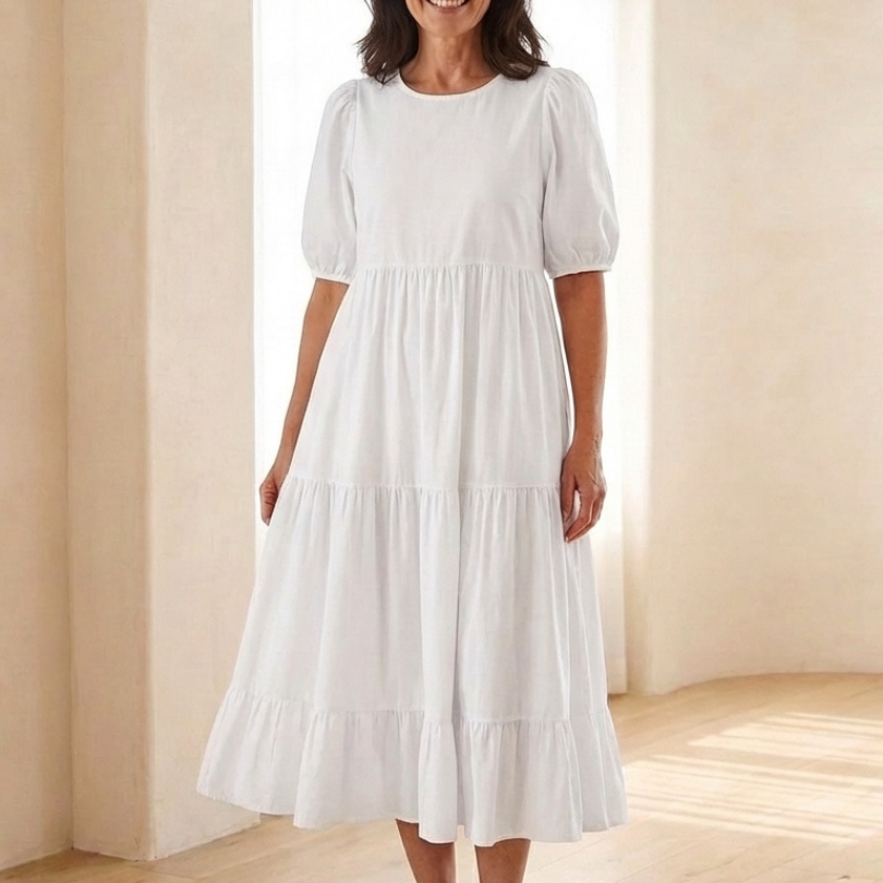 Brina | Round Neck Puff Sleeve Tiered Midi Dress