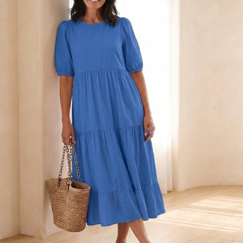 Brina | Round Neck Puff Sleeve Tiered Midi Dress
