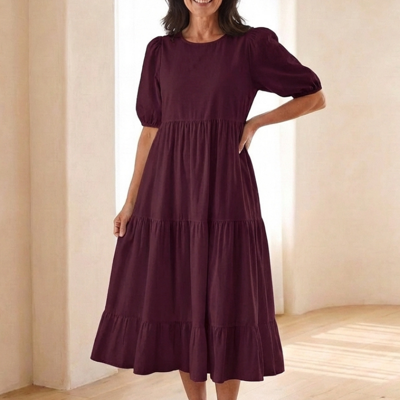 Brina | Round Neck Puff Sleeve Tiered Midi Dress
