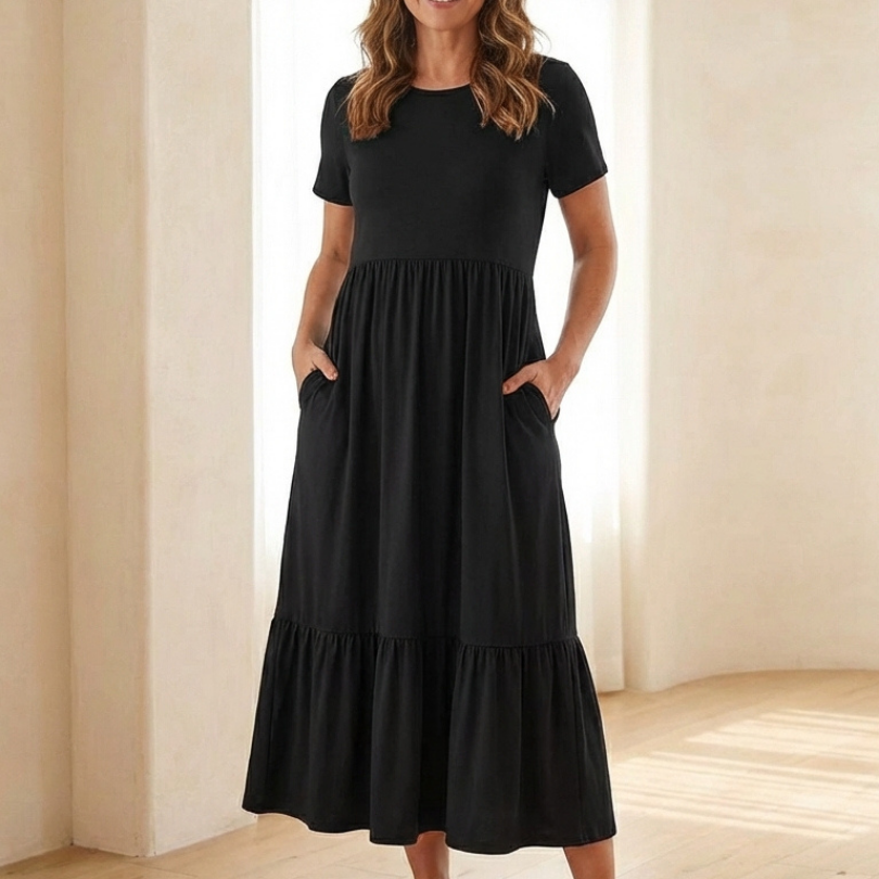 Nerissa | Round Neck Short Sleeve Tiered Midi Dress
