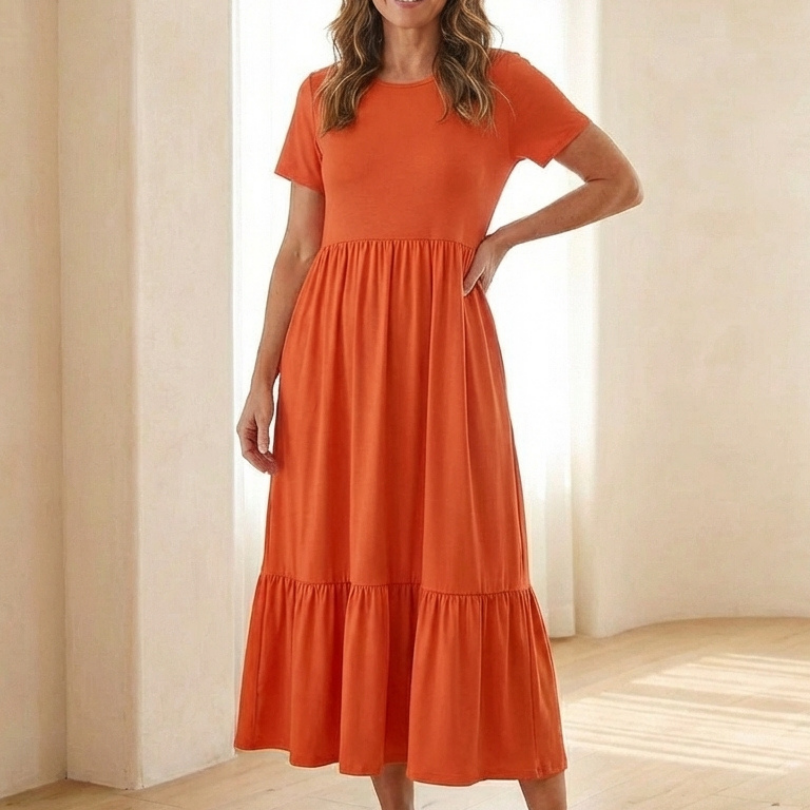 Nerissa | Round Neck Short Sleeve Tiered Midi Dress