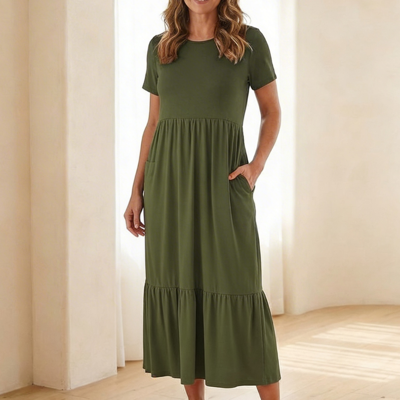Nerissa | Round Neck Short Sleeve Tiered Midi Dress