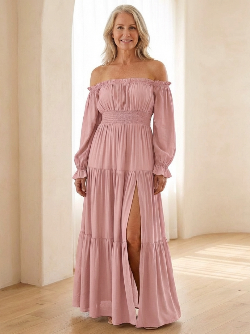 Aveline | Off Shoulder Long Sleeve Smocked Maxi Dress