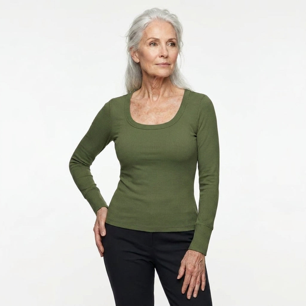 Ribbed Long-Sleeve Sculpt Top with Built-In Bra