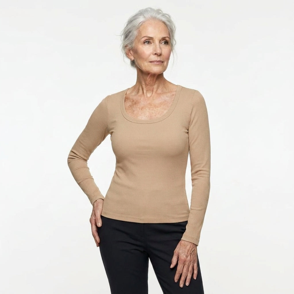 Ribbed Long-Sleeve Sculpt Top with Built-In Bra